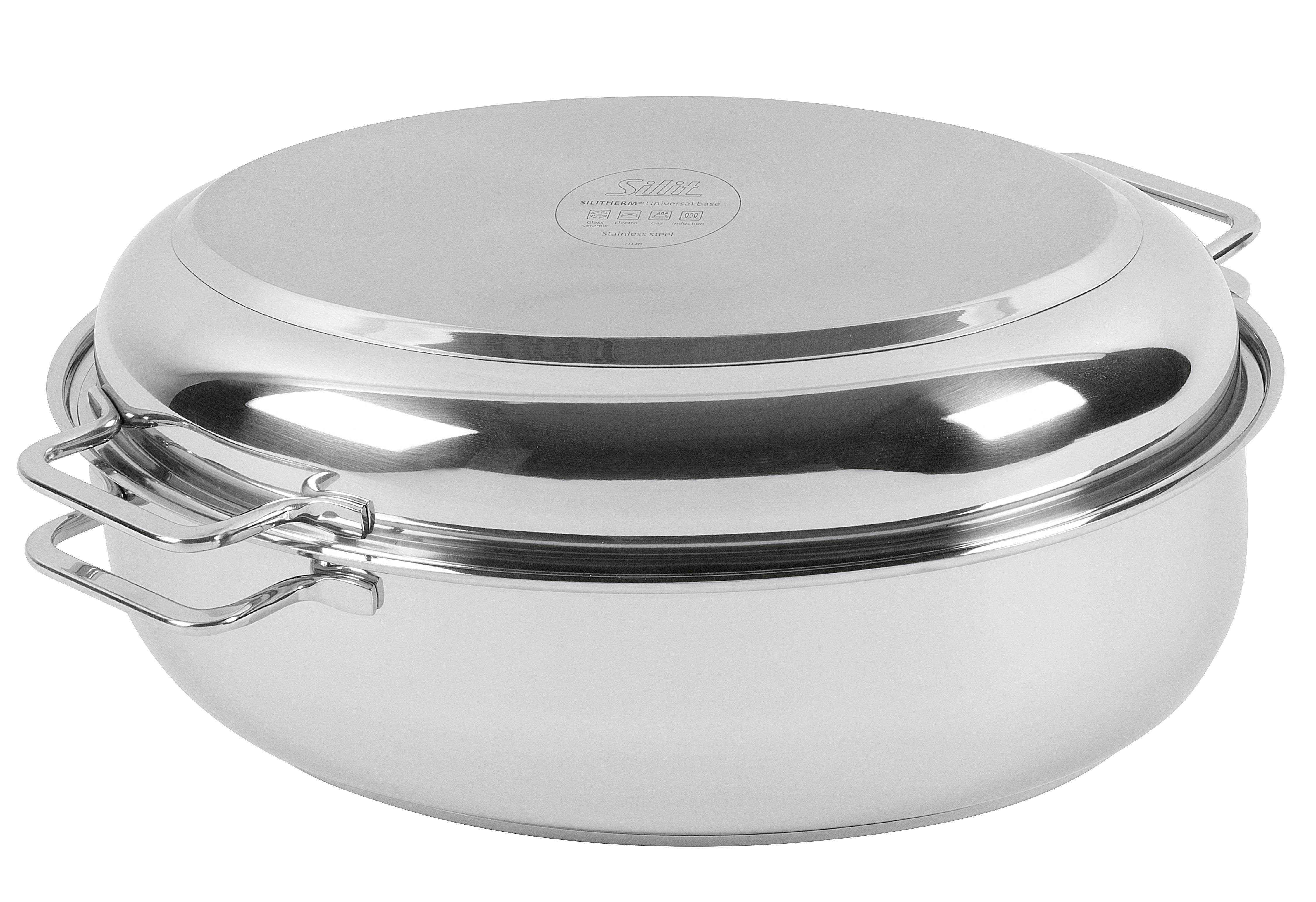 Ein polierter Edelstahltopf zum Kochen mit Deckel und zwei Griffen an der Seite, konzipiert für effiziente Wärmeverteiling und einfache Handhabung.