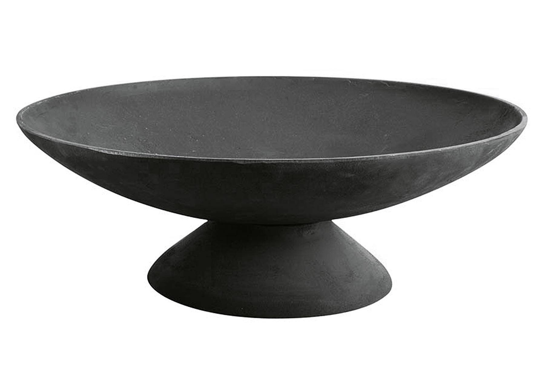 Eine schwarze, minimalistische Keramikschale mit breitem, flachem Design und Sockelfuß. Geeignet für zeitgenössische Wohnungseinrichtung.