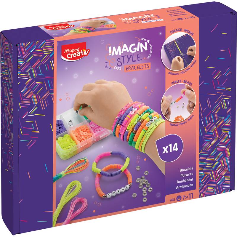 Box mit 'Imagin Style Armbänder' Bastelset, enthält bunte Fäden, Perlen und Zubehör zum Armbänder herstellen. Geeignet für Kinder ab 7 Jahren.