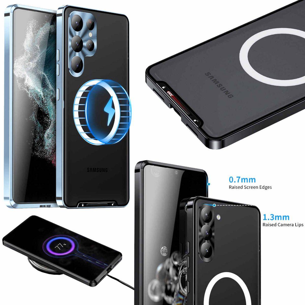 Für Samsung Galaxy S23 Ultra Handy Tasche Magnetische Magsafe Metall Design Blau Cover Case Hülle