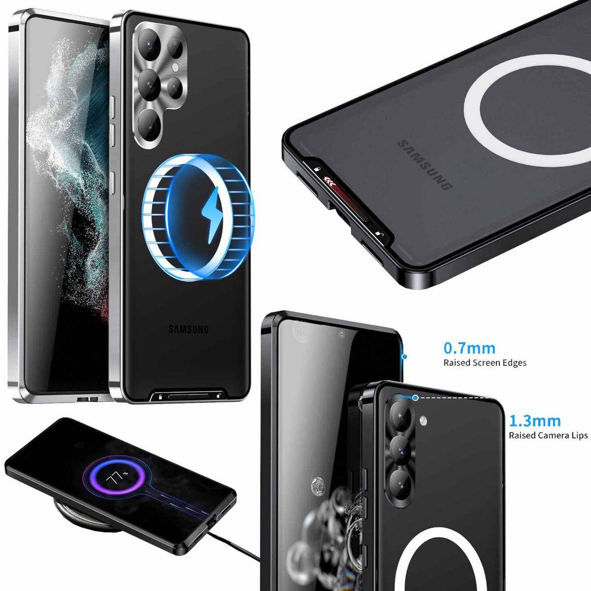 Für Samsung Galaxy S23 Ultra Handy Tasche Magnetische Magsafe Metall Design Silber Cover Case Hülle
