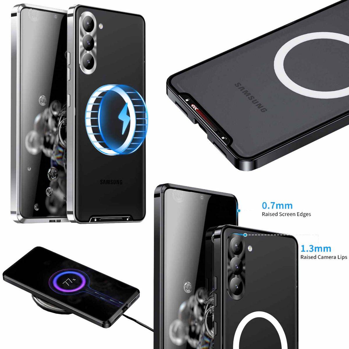Für Samsung Galaxy S23 Handy Tasche Magnetische Magsafe Metall Design Silber Cover Case Hülle