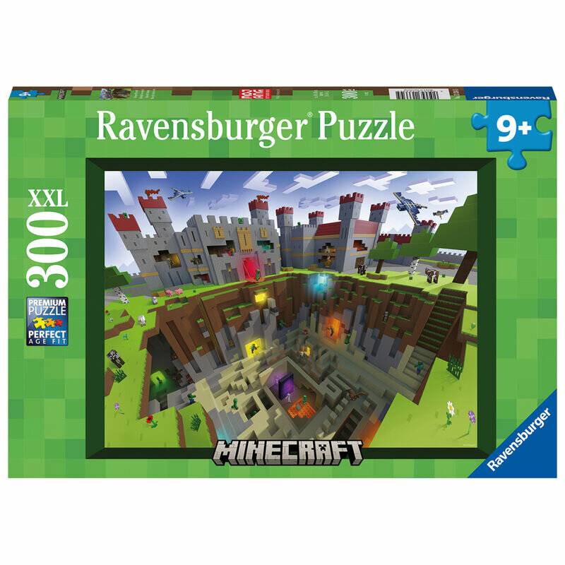 Ravensburger 300-teiliges Minecraft-Puzzle für ab 9 Jahren, zeigt ein Minecraft-Schloss und eine tiefe unterirdische Minenszene.