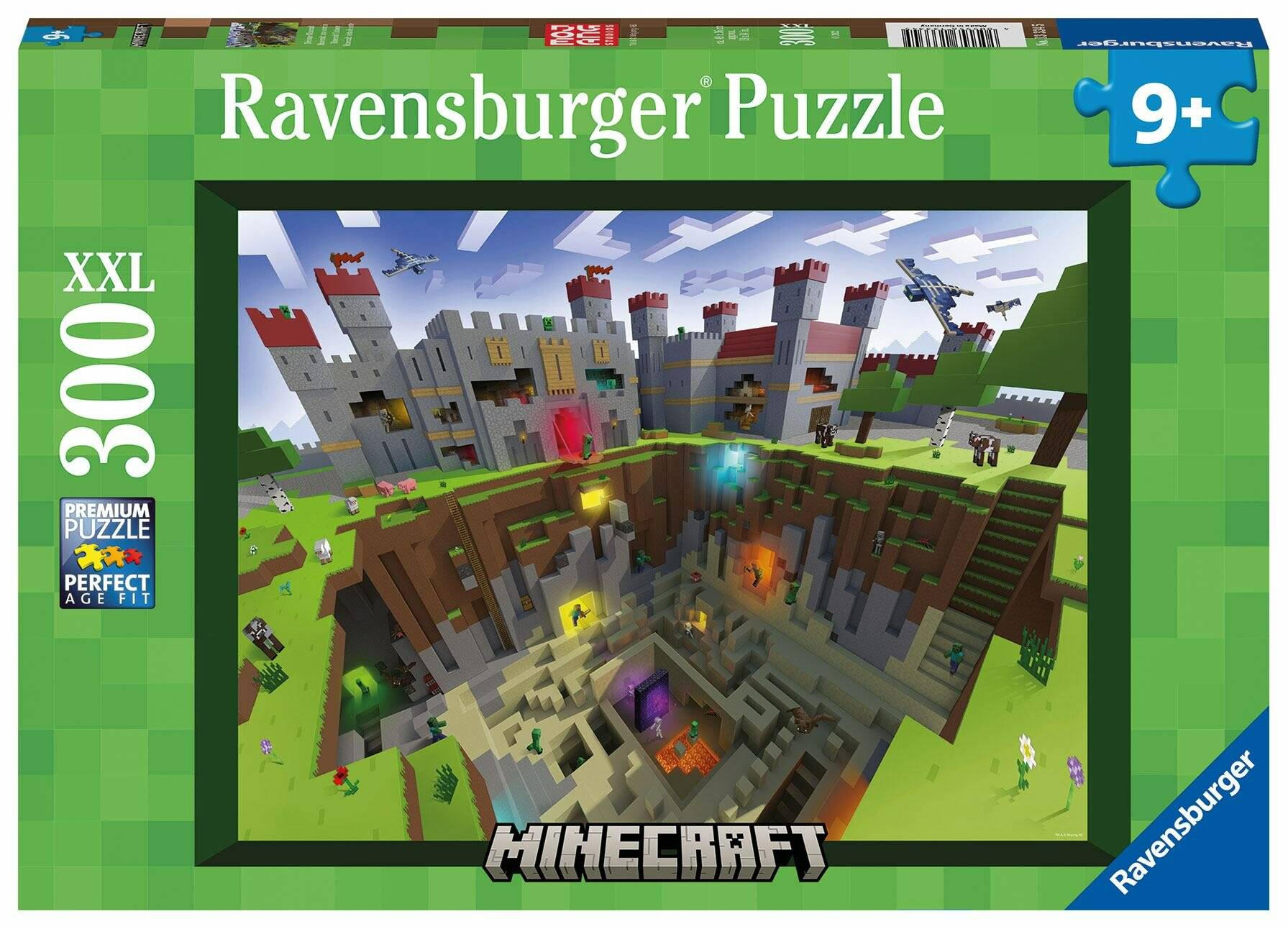 Ravensburger Minecraft Puzzleschachtel, 300 XXL-Teile für Kinder ab 9 Jahren, zeigt eine Schloss- und Höhlenszene im Untergrund.