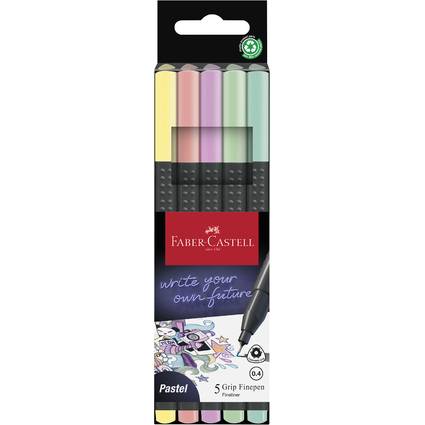 Faber-Castell Pastell 5er-Griff Fineliner-Stiftset mit fünf farbigen Stiften in Einzelhandelverpackung, gekennzeichnet mit 0,4 und „schreibe deine eigene Zukunft