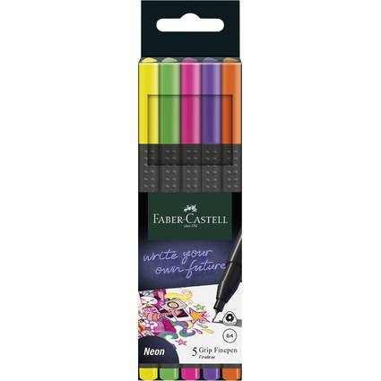 Eine Schachtel Faber-Castell Neon-Fineliner-Stifte, mit fünf Farben und einer teilweisen Illustration eines bunten Zeichnens auf der Verpackung.