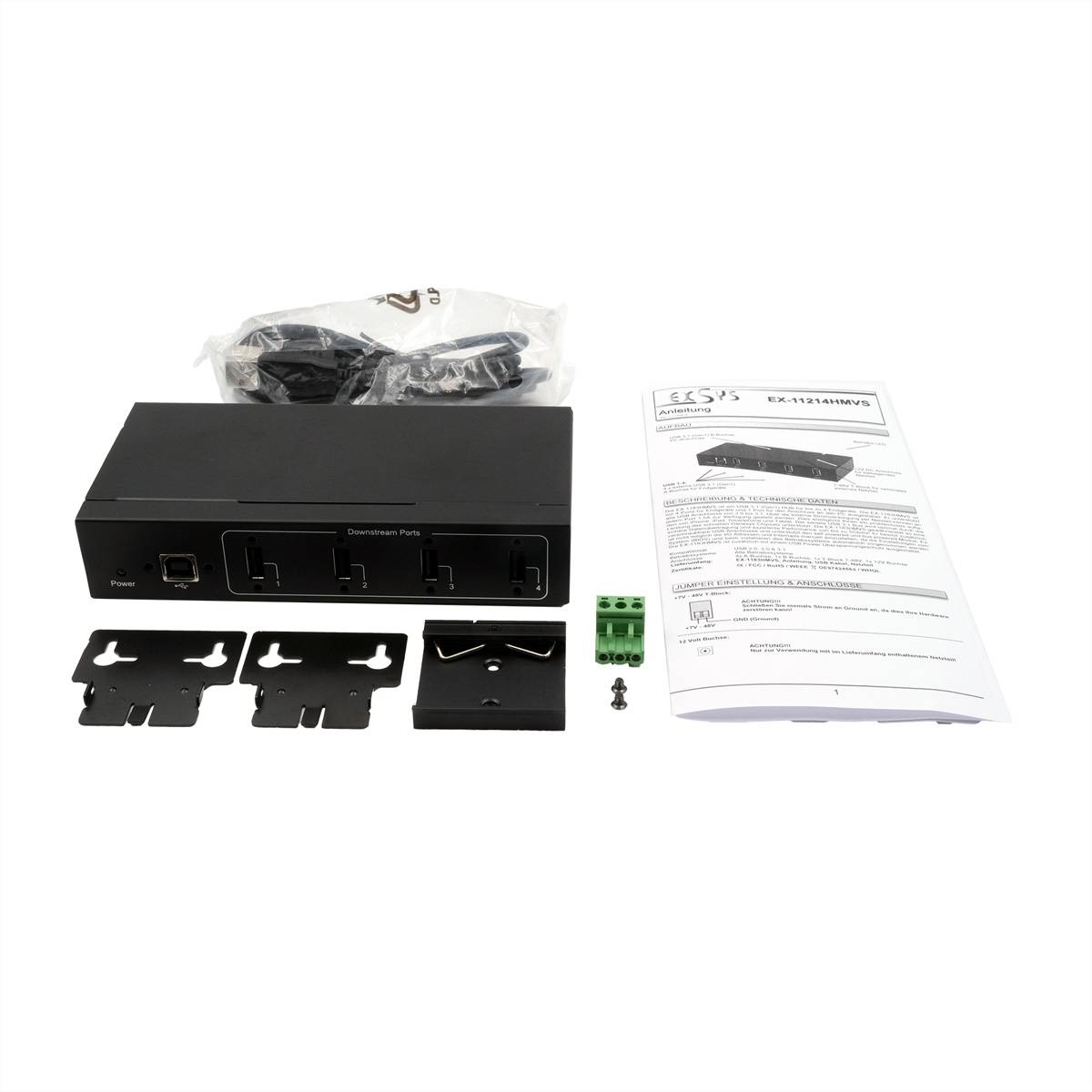 EXSYS EX-11214HMVS 4 Port USB 2.0 Metall HUB mit Netzteil 5V/2A Genesys Chipset