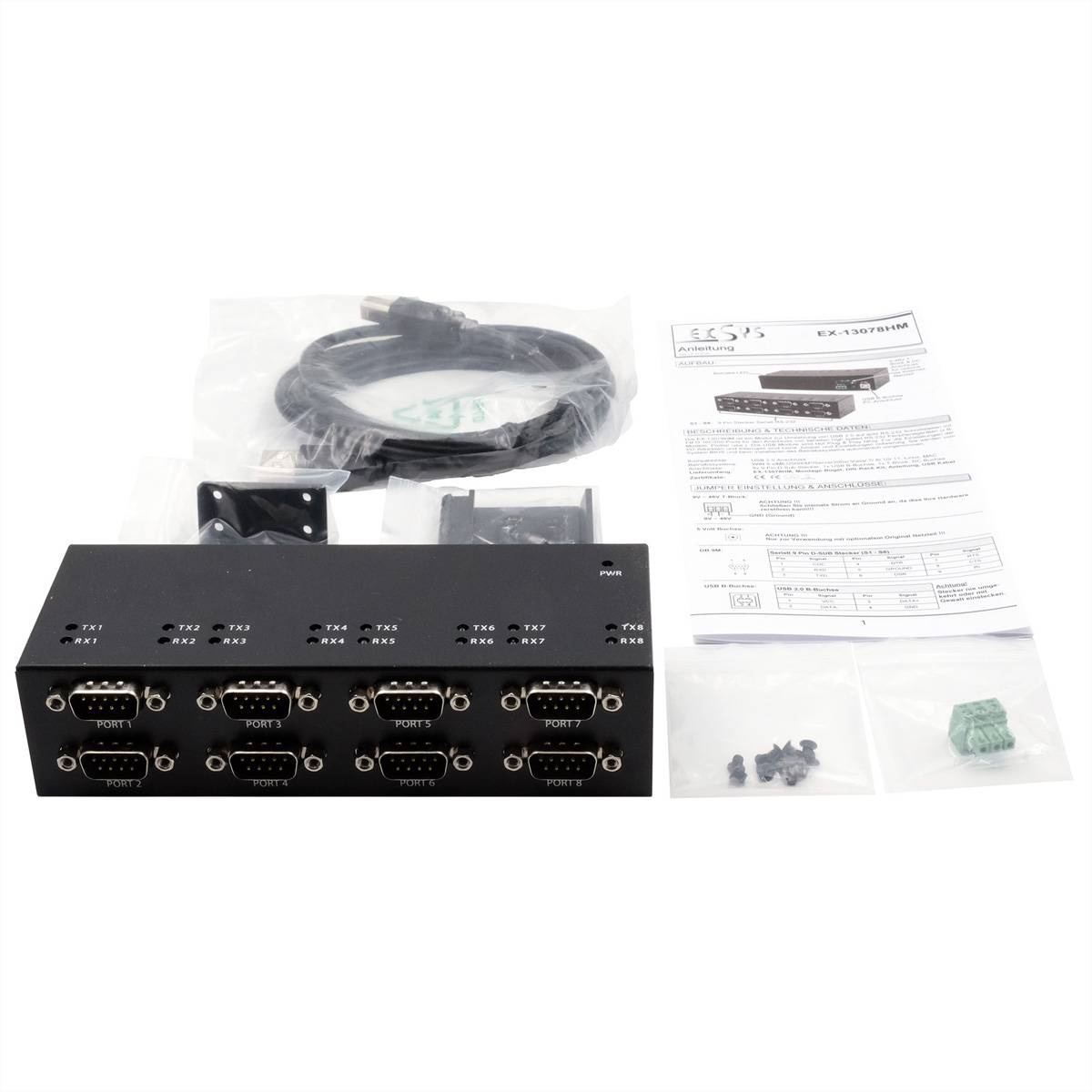 EXSYS EX-13078HM USB 2.0 zu 8 x Seriell RS-232 Ports Metallgehäuse FTDI Chip-Set