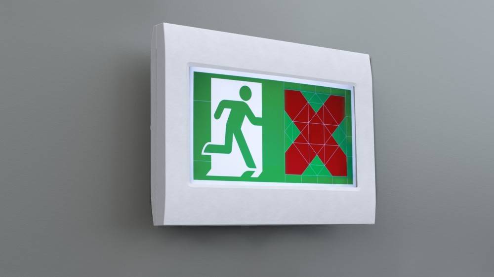 Austrittsschild zeigt eine grüne Figur, die durch eine Tür links läuft, mit einem roten 'X'-Muster auf der rechten Seite.