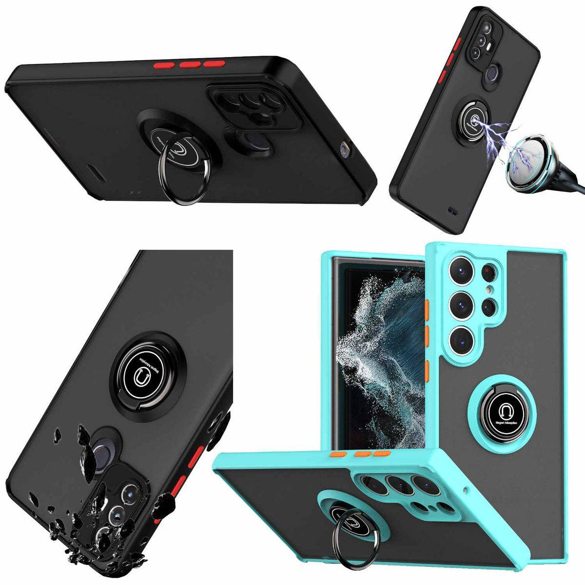 Für Samsung Galaxy S23 Ultra TPU / PC Design Ring Cover Handy Tasche Hülle Schutz Etuis Hellblau Neu