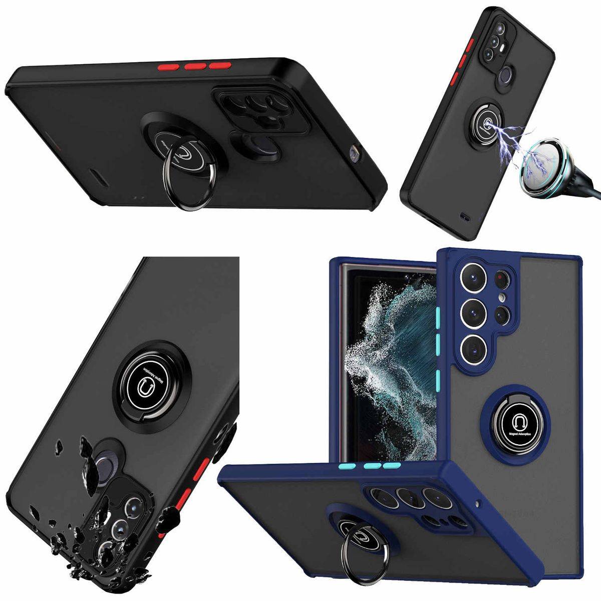 Für Samsung Galaxy S23 Ultra TPU / PC Design Ring Cover Handy Tasche Hülle Schutz Etuis Dunkelblau Neu
