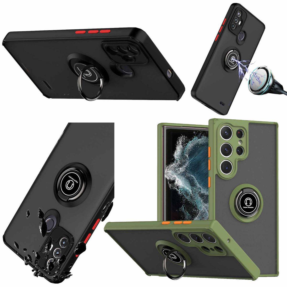 Für Samsung Galaxy S23 Ultra TPU / PC Design Ring Cover Handy Tasche Hülle Schutz Etuis Army Grün Neu