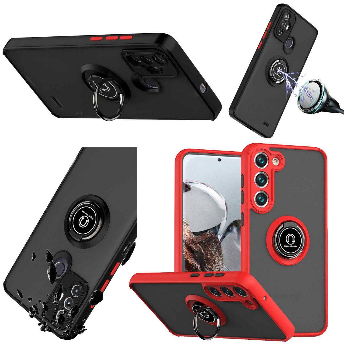 Für Samsung Galaxy S23 Plus TPU / PC Design Ring Cover Handy Tasche Hülle Schutz Etuis Rot / Schwarz Neu