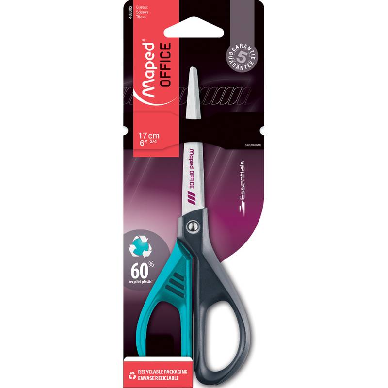 Schere mit blau-schwarzem Griff in einer Verpackung. Die Verpackung trägt die Aufschrift 'Maped Office', zeigt 17 cm/6