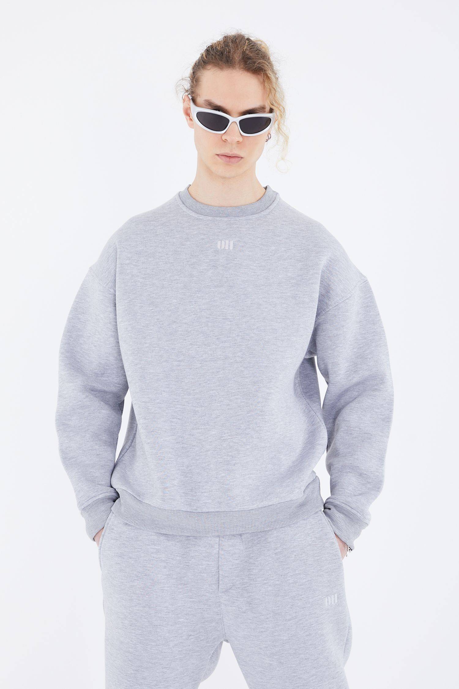 Basic Sweatshirt Oversize Fit Pullover Unisex M Grau-Melange
