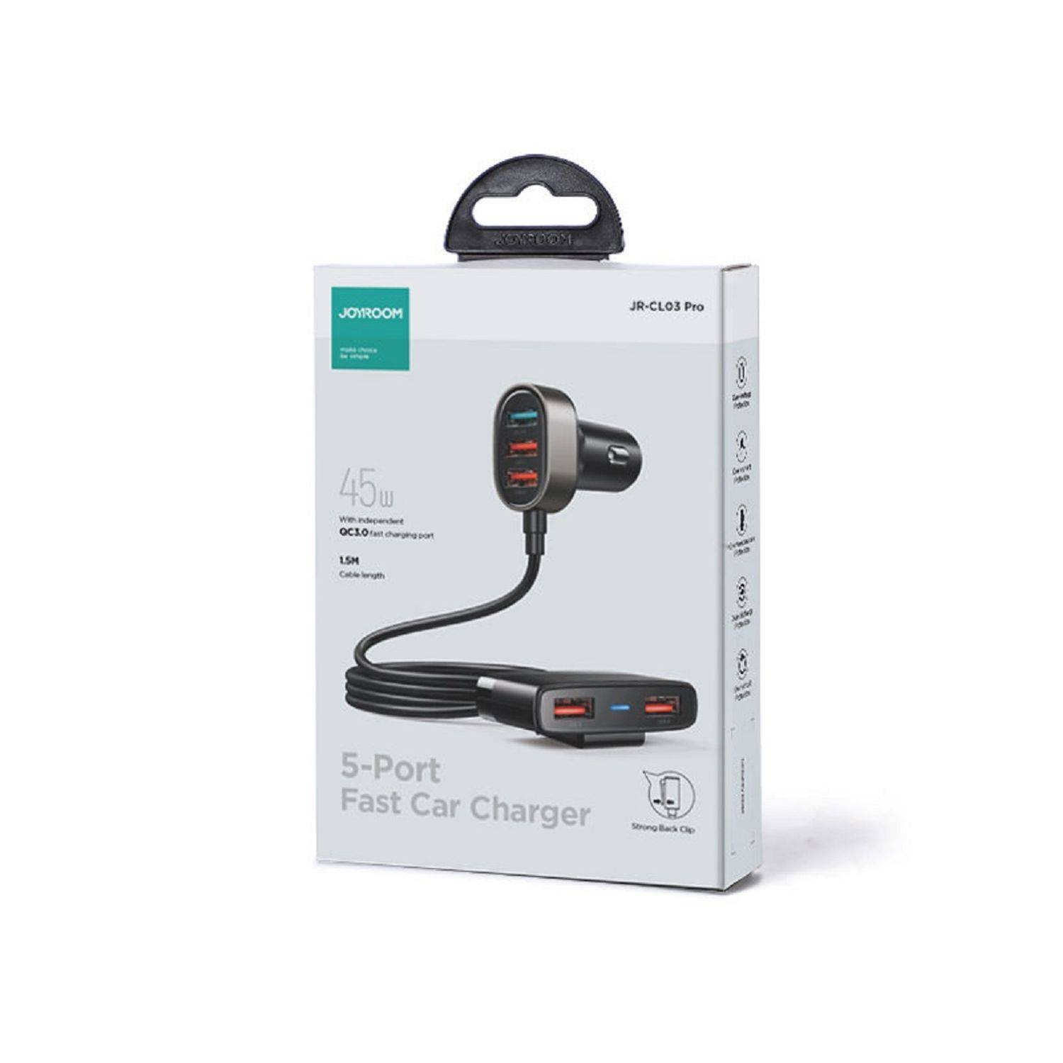 Joyroom Auto-Schnellladegerät mit Verlängerungskabel 45W 5xUSB-A schwarz (JR-CL03 Pro)