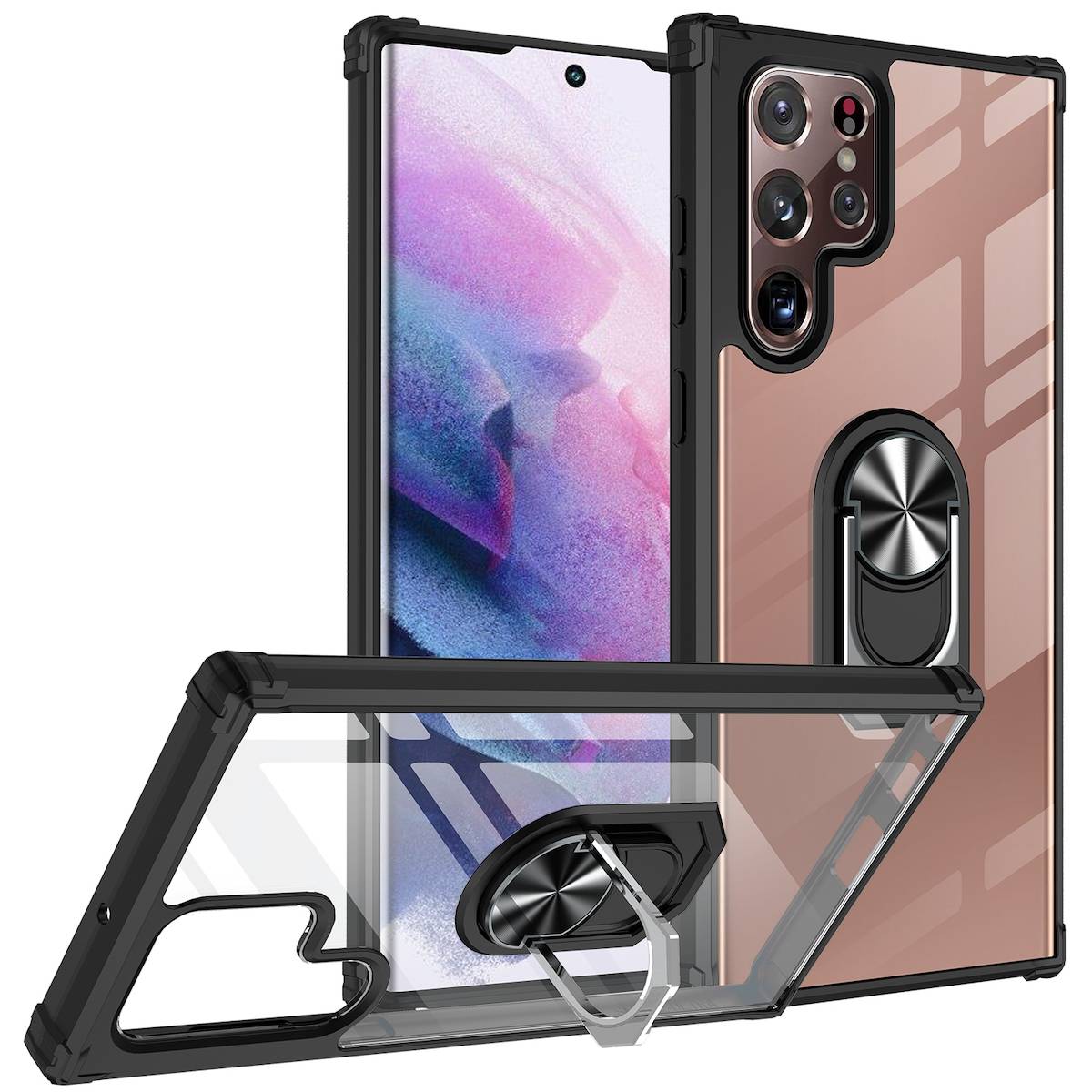 Für Samsung Galaxy S23 Ultra TPU / PC Acryl Design Magnet Ring Cover Handy Tasche Hülle Schutz Etuis Schwarz Neu