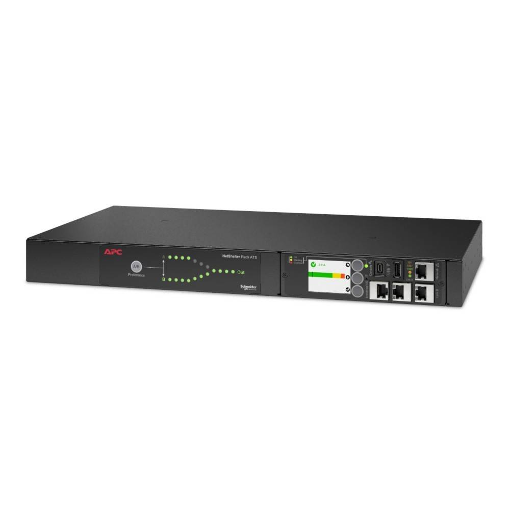 APC Rack-Netzwerkspeiseunterbrechungssystem (USV) mit digitaler Anzeige und Bedienungstasten, mit LED-Anzeigen und mehreren Anschlüssen.
