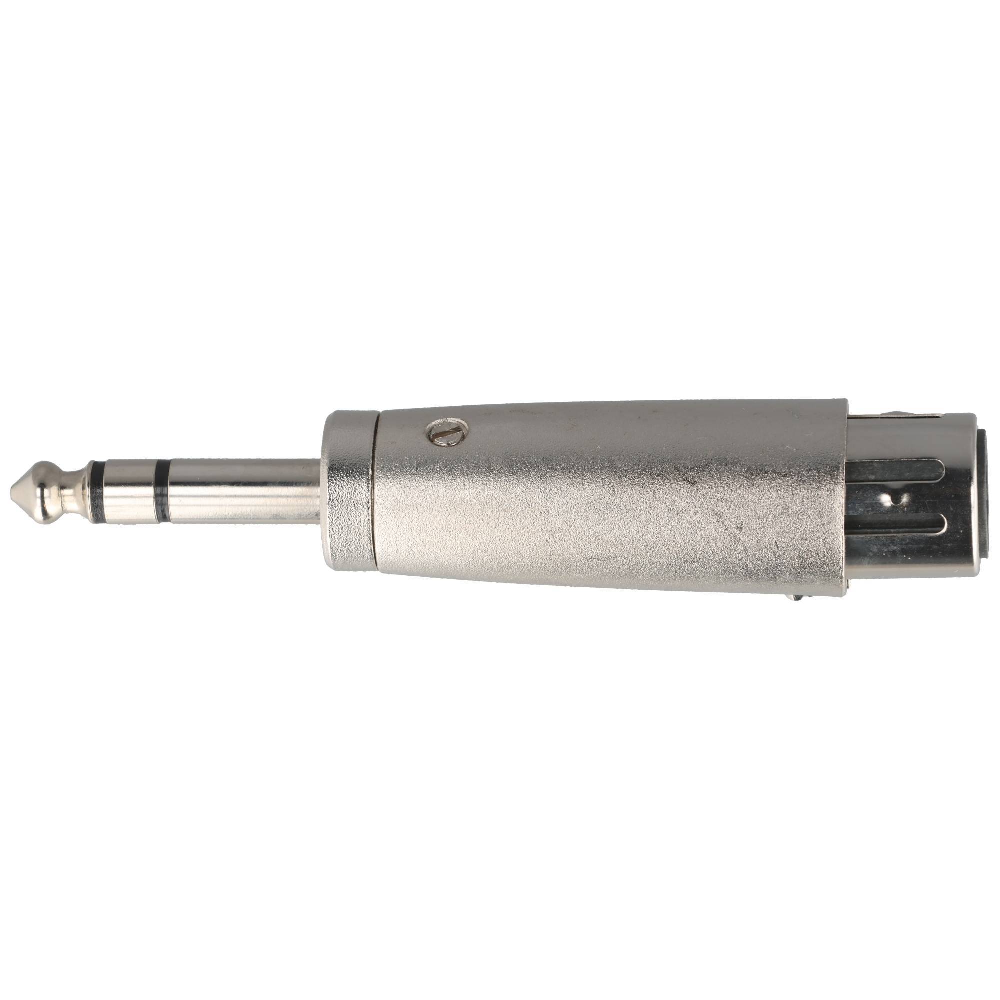 Nahaufnahme eines metallischen Audio-Adaptersteckers mit einem männlichen 1/4-Zoll-Klinkenstecker und XLR-artiger weiblicher Buchse auf weißem Hintergrund.