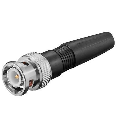 BNC-Koaxialkabelstecker mit schwarzem gerilltem Griff, dargestellt auf weißem Hintergrund.