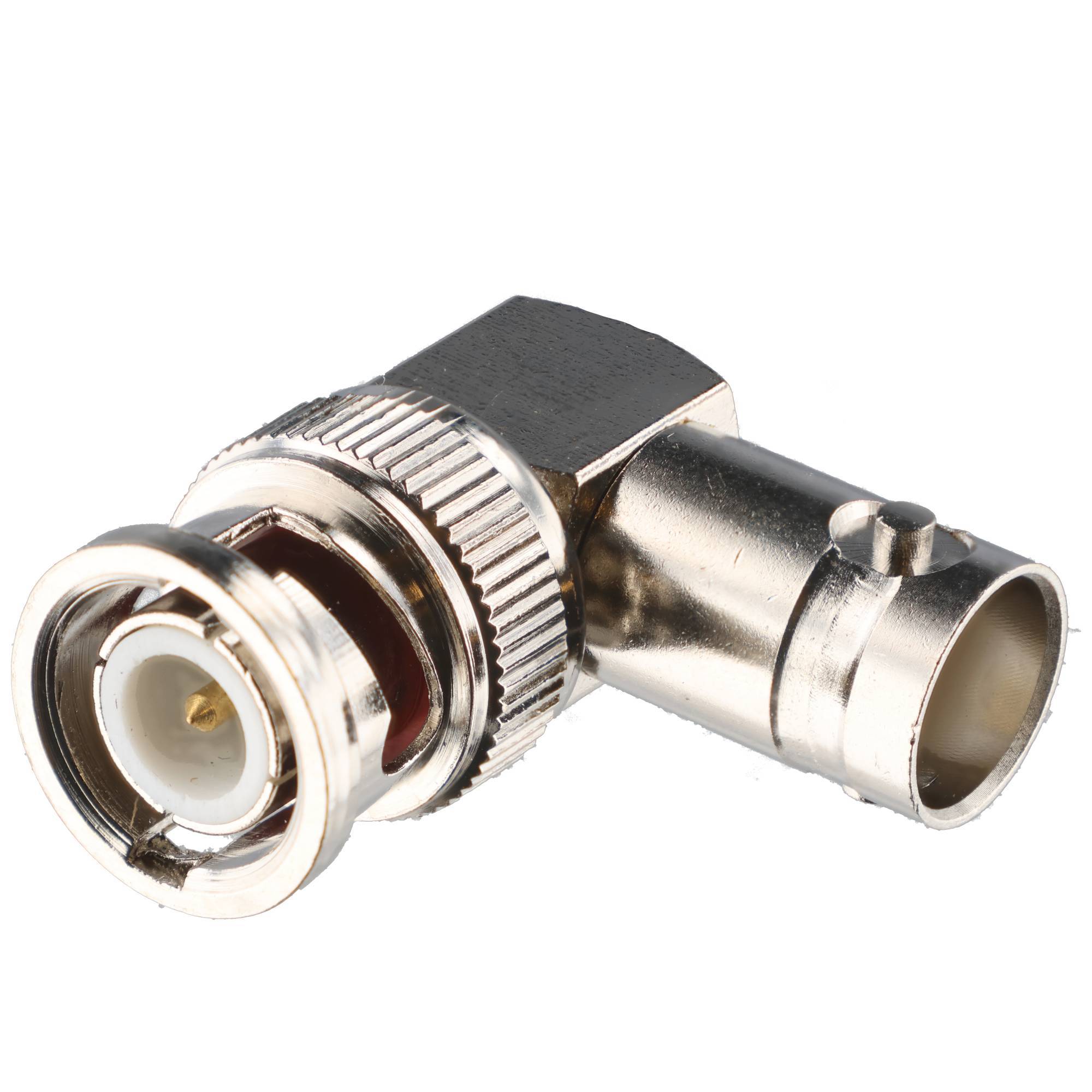 Metall-BNC-Koaxialstecker-Adapter im rechten Winkel auf weißem Hintergrund.