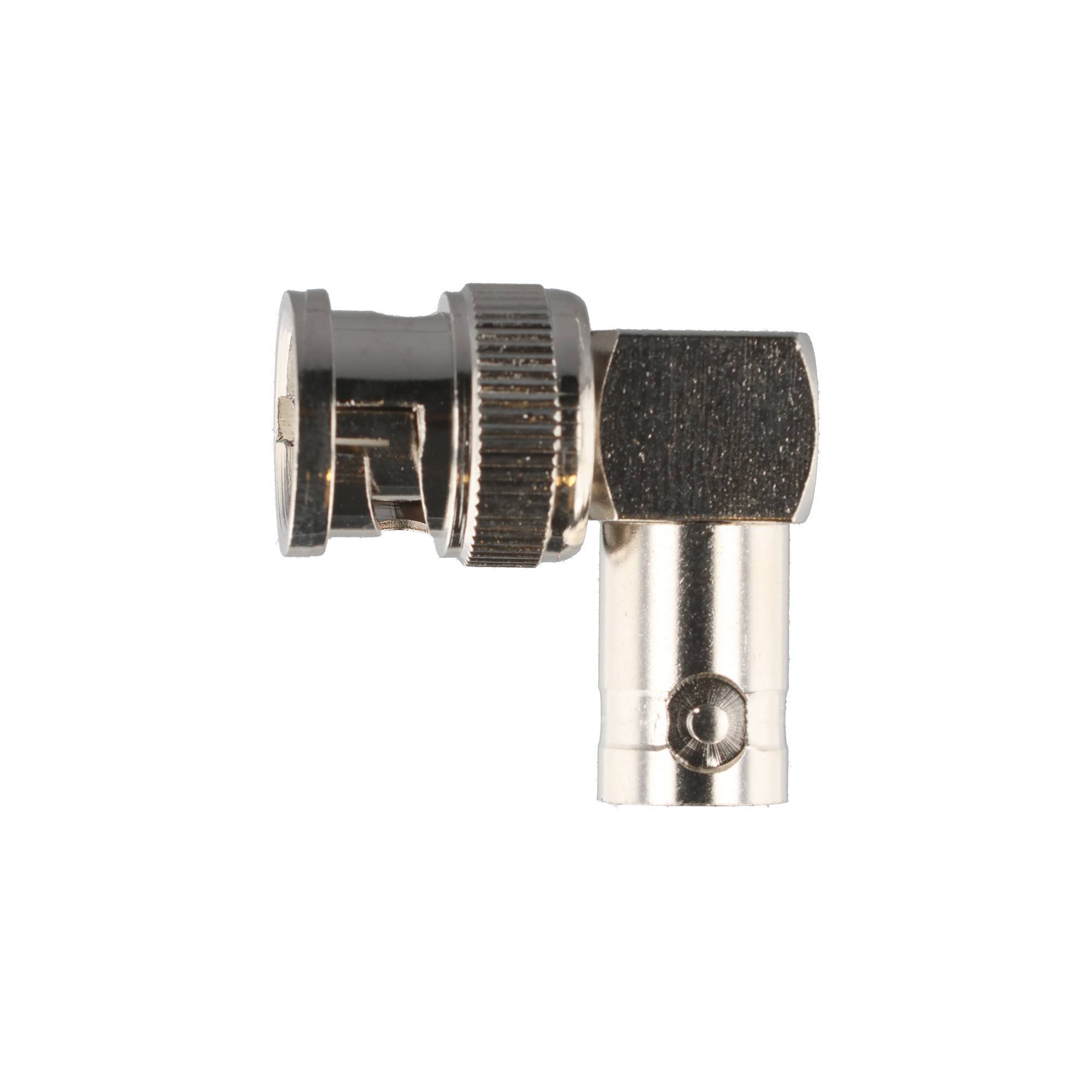 Koaxialkabelstecker im rechten Winkel, Metallstecker mit Gewindekupplung und zylindrischem Ende auf weißem Hintergrund.