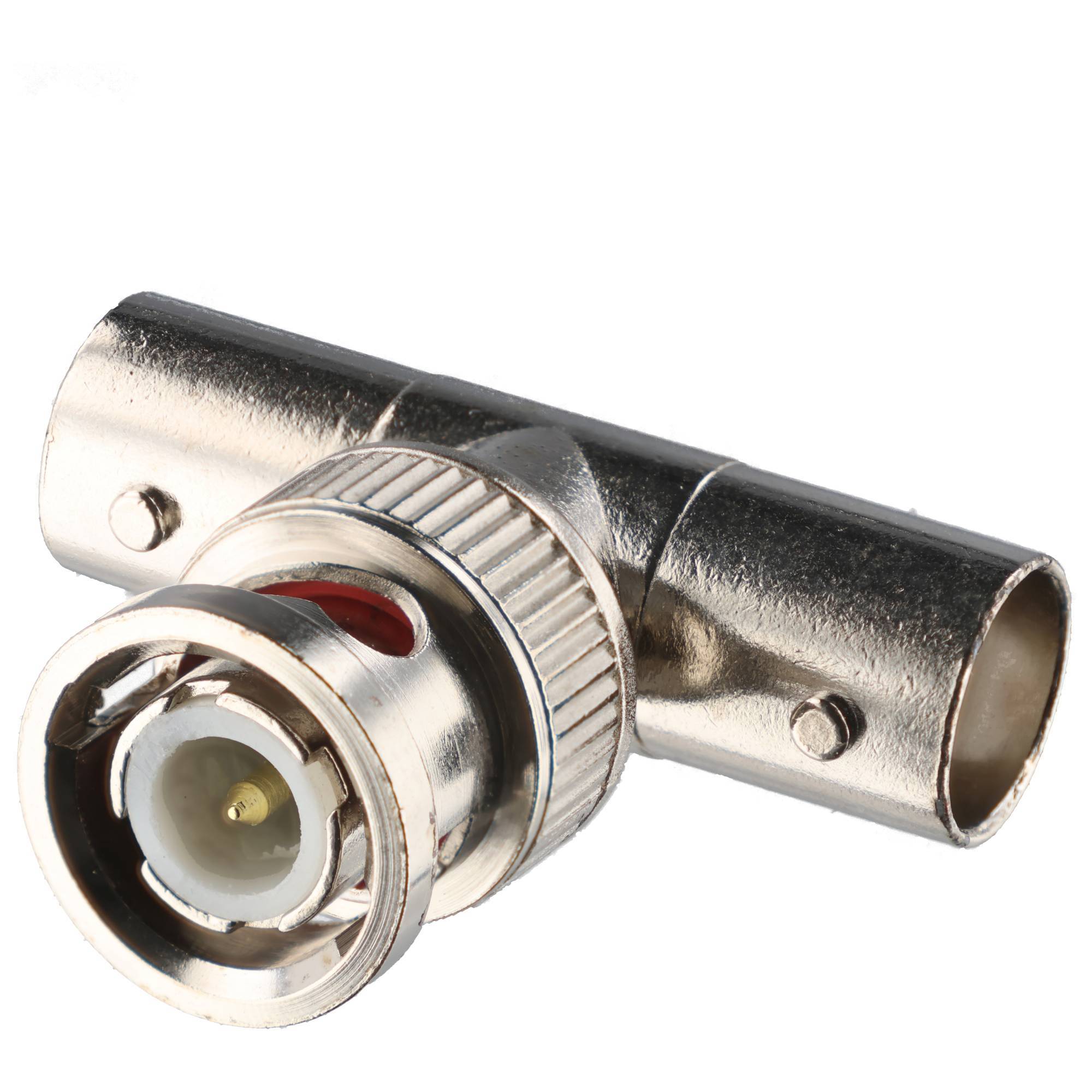 Adapter für Metall-BNC-Koaxialstecker auf weißem Hintergrund, mit je einer weiblichen und männlichen Seite.