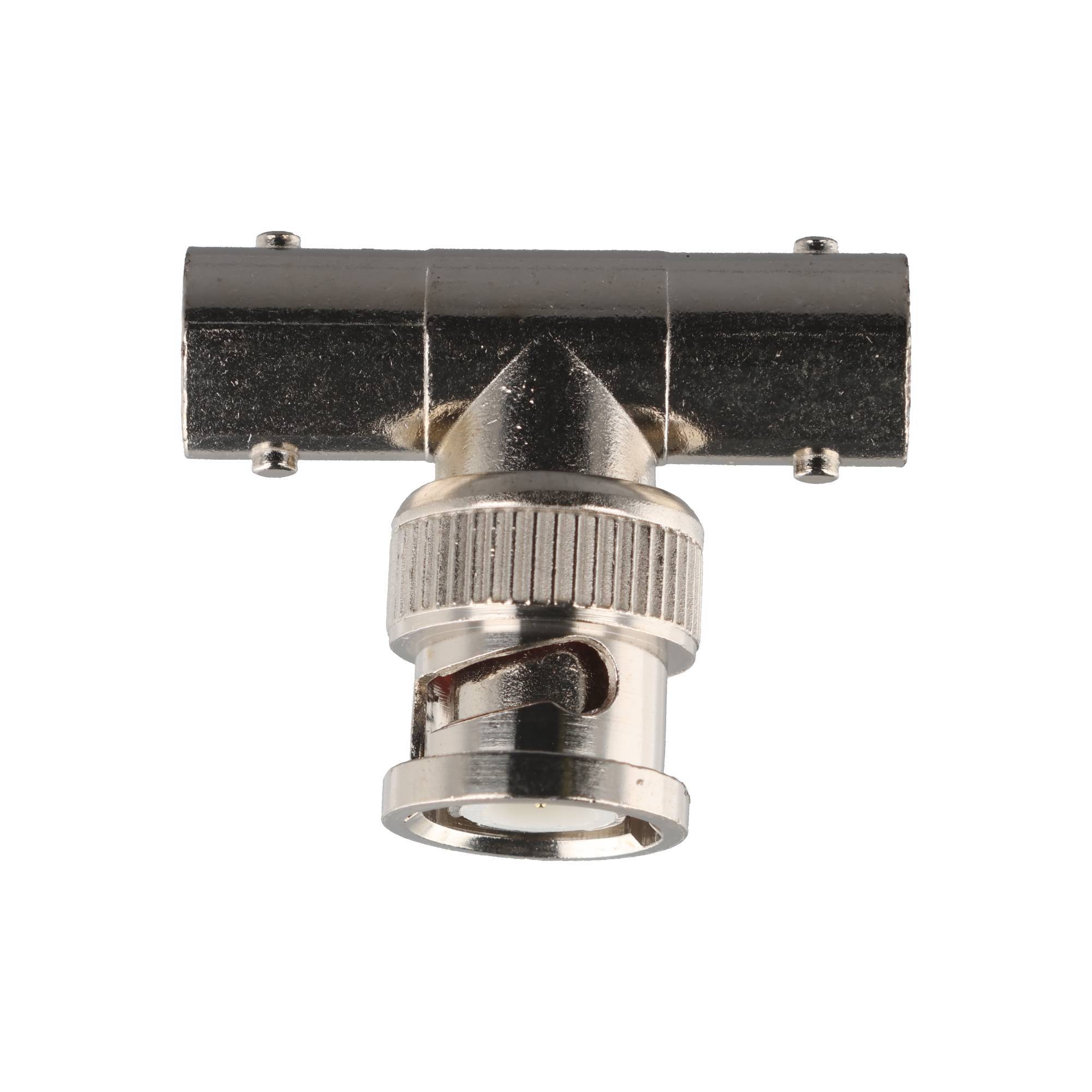 Metall-T-förmiger koaxialer Kabeladapter mit zwei Seitensteckverbindern und einem Steckverbinder an der Unterseite auf weißem Hintergrund.