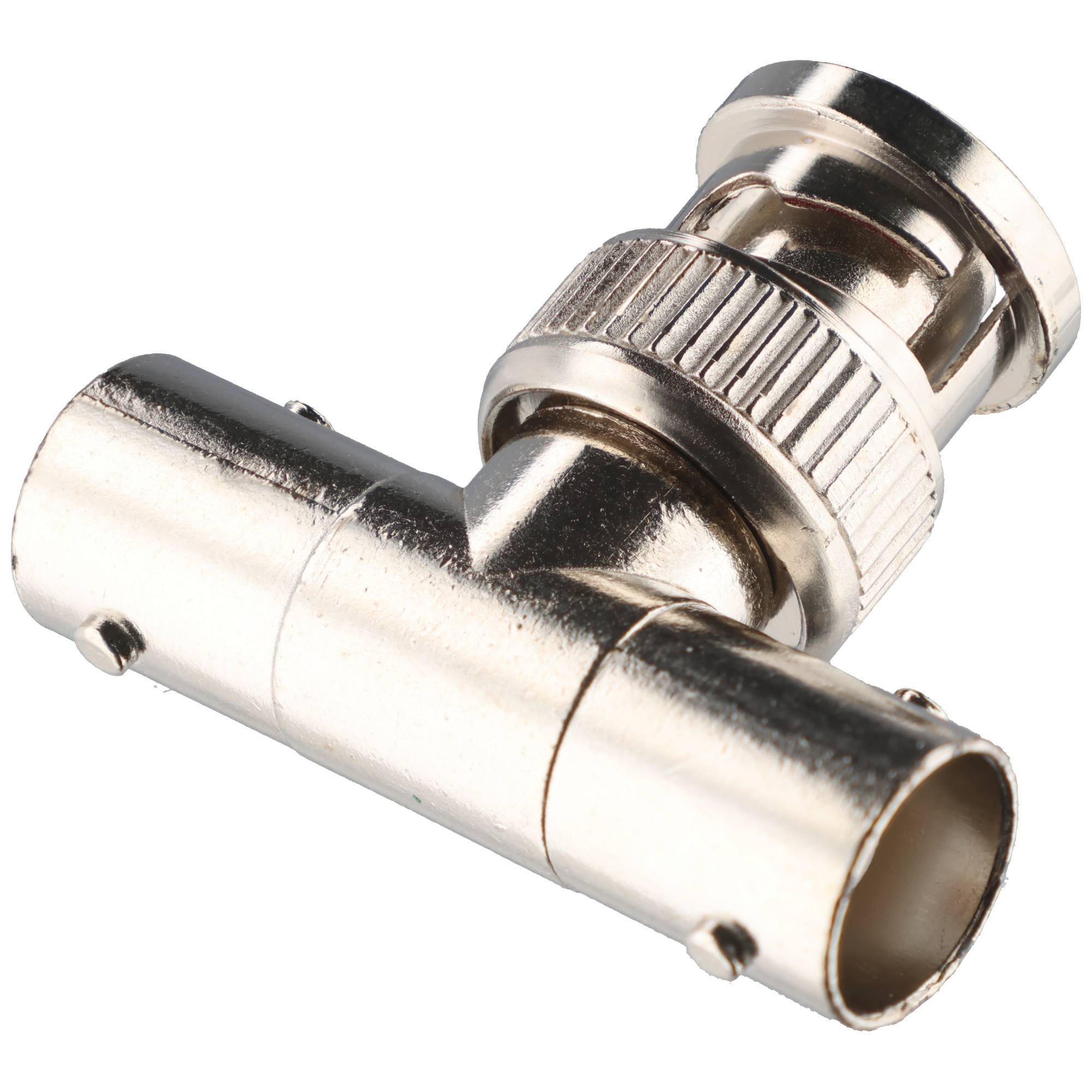 Metall-BNC-T-Stecker-Adapter für Koaxialkabel, auf weißem Hintergrund dargestellt.
