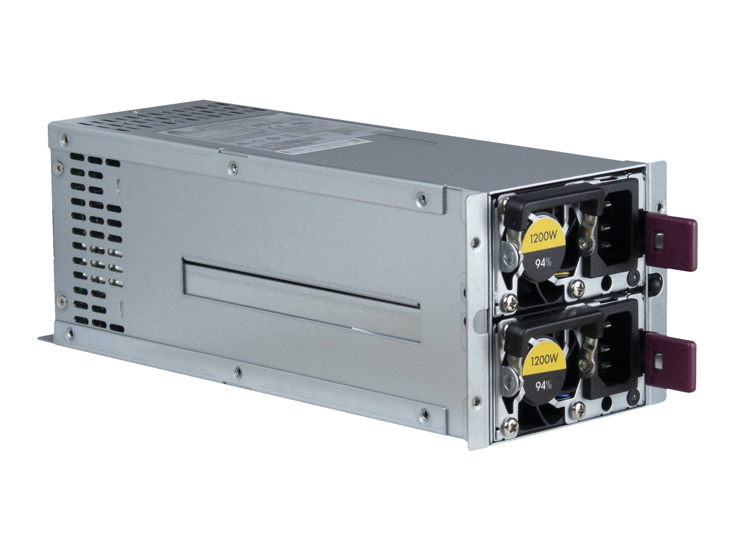 Metall-Stromversorgungsmodul für Server mit zwei 1200-W-Hotswap-Lüftern und belüftetem Gehäuse, auf weißem Hintergrund dargestellt.
