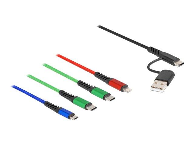Verschiedene USB-Ladekabel mit unterschiedlichen Anschlüssen und farbcodierten Spitzen auf weißem Hintergrund.