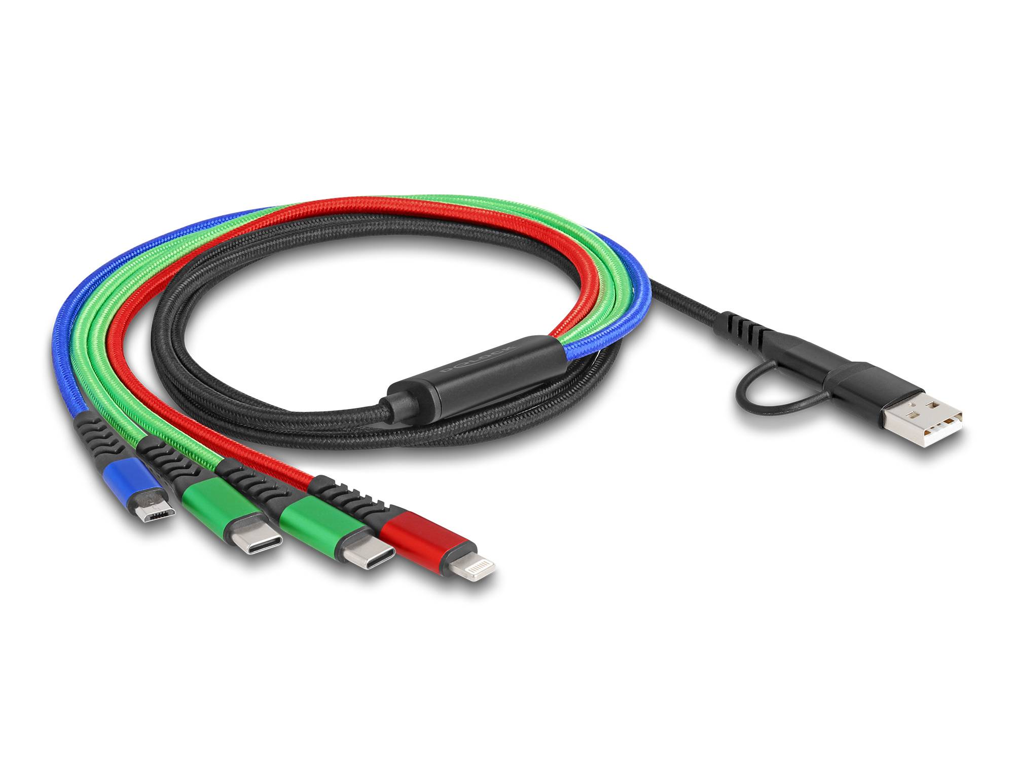 Aufgerolltes mehrfarbiges 4-in-1 USB-Ladekabel mit vier Steckeraufsätzen und einem USB-A-Stecker auf weißem Hintergrund.