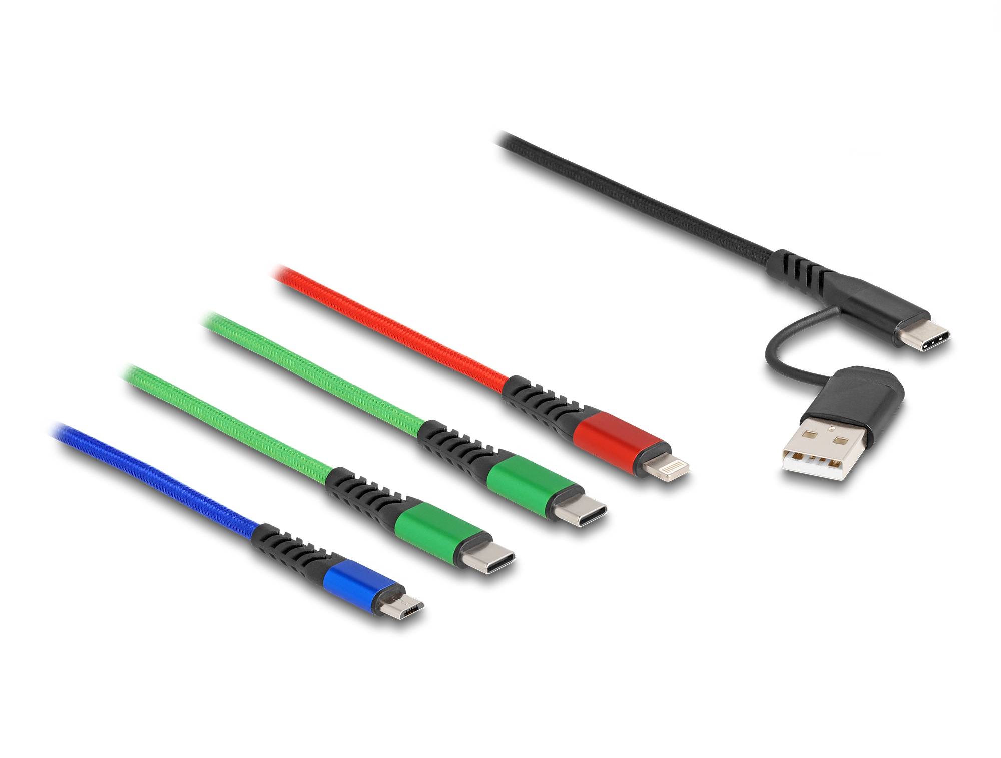 Fünf farbige USB-Ladekabel mit verschiedenen Steckverbindern, einschließlich eines schwarzen Kabels mit USB-A-Adapter, auf weißem Hintergrund angezeigt.