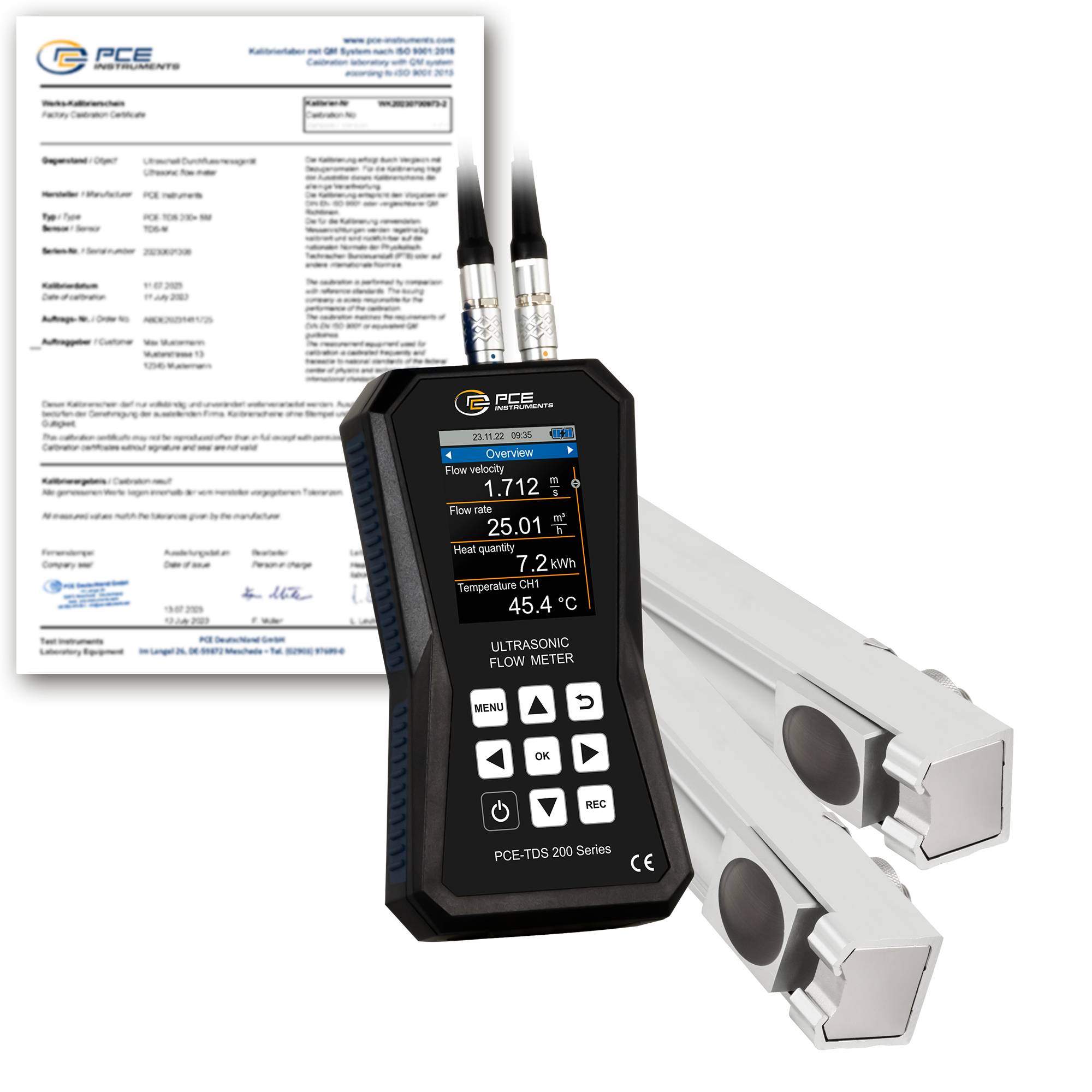 PCE Instruments Ultraschall-Durchflussmessgerät PCE-TDS 200 MR-ICA inkl. ISO-Zertifikat|Sensoren auf Schiene|bis 1800°C