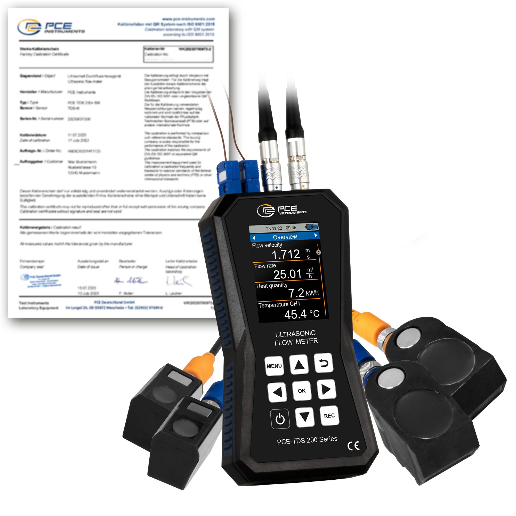 PCE Instruments Ultraschall-Durchflussmessgerät PCE-TDS 200+ SM-ICA inkl. ISO-Zertifikat|4 Sensoren|Wärmemenge|Speicher