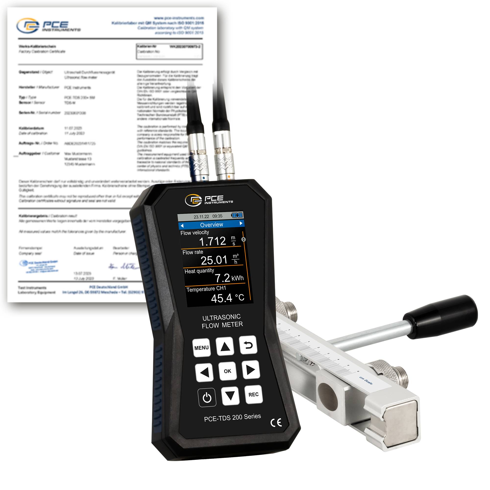 PCE Instruments Ultraschall-Durchflussmessgerät PCE-TDS 200 SR-ICA inkl. ISO-Zertifikat |Sensoren auf Schiene |Speicher