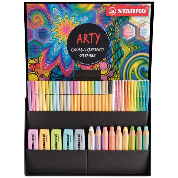 STABILO 'ARTY' Farbstift-Set Display mit farbenfrohen Markern, Textmarkern und Stiften, angeordnet in einer schwarzen Präsentationsbox.