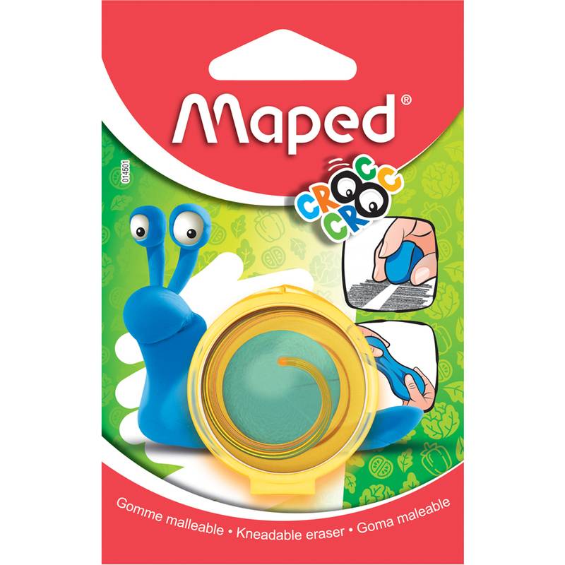 Bunte Verpackung zeigt das 'Maped' Logo; enthält eine blaue Schneckenfigur neben einem runden kneteartigen Radiergummi und Demonstrationsbildern.