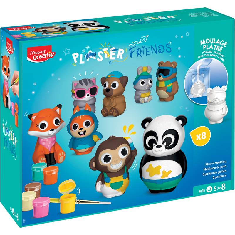 Bastelset für Spielzeug zeigt Tierfiguren zum Bemalen, beschriftet mit 'Gips-Freunde'. Enthält Farbdosen, Pinsel und Gipsform. Geeignet für Kinder ab 5 Jahren.