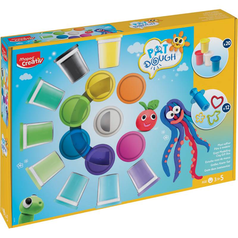 Maped Creativ Topf-Knete - für Kinder von 3-5 Jahren, mit bunten Knedosen und einer verspielten Oktopus-Figur, inklusive Roller und Schneidewerkzeuge.