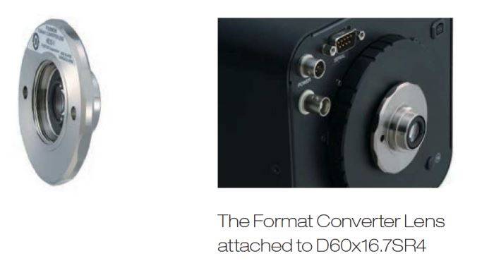 Formatwandler-Objektiv separat dargestellt und auf einem Kameragerät montiert, beschriftet mit „Das Formatwandler-Objektiv montiert auf dem D60x16.7SR4