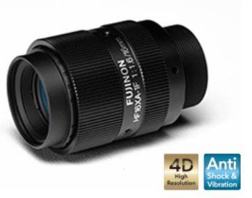 Schwarzes Fujinon-Kameraobjektiv auf weißem Hintergrund mit Abzeichen mit der Aufschrift „4D High Resolution