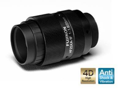 Schwarzes Fujinon-Kameraobjektiv auf weißem Hintergrund, beschriftet mit „4D High Resolution