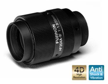 Schwarzes Fujinon-Kameraobjektiv auf weißem Hintergrund, beschriftet mit „4D High Resolution