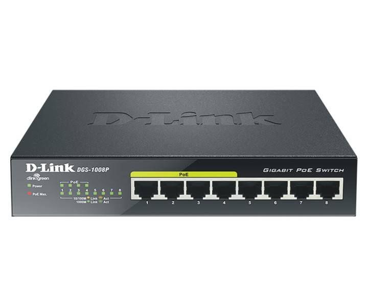 D-Link DGS-1008P 8-Port Gigabit PoE Netzwerkswitch mit Statusleuchten und nummerierten Ethernet-Ports.
