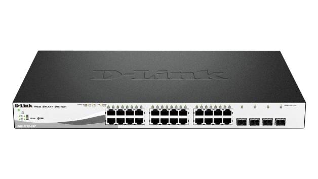 Frontansicht eines D-Link Netzwerk-Switches mit mehreren Ethernet-Anschlüssen und Statusleuchten auf schwarzem Hintergrund.