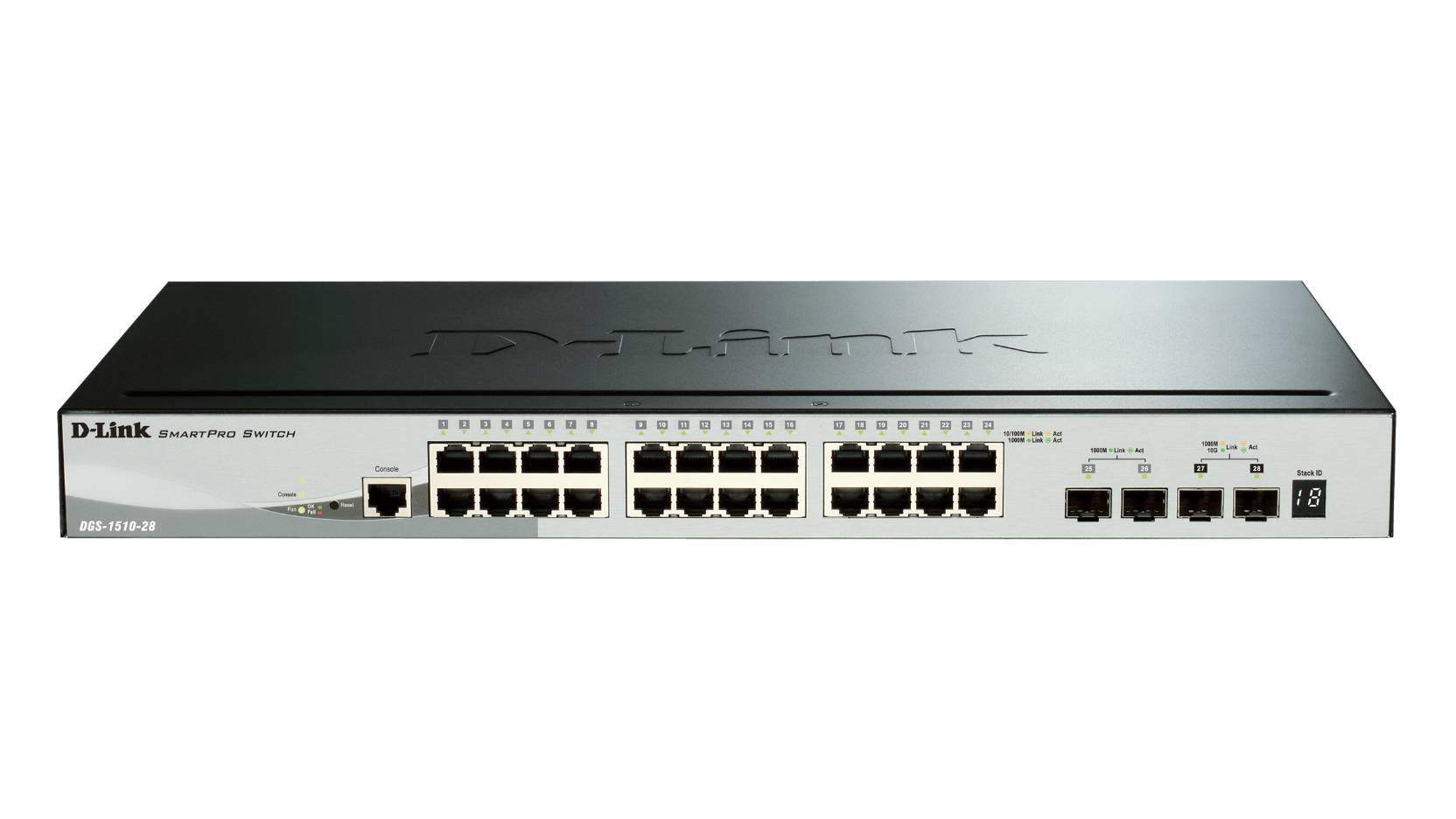 Vorderansicht eines D-Link Netzwerk-Switches mit mehreren Ethernet-Anschlüssen und Status-LEDs auf schwarzem Hintergrund.