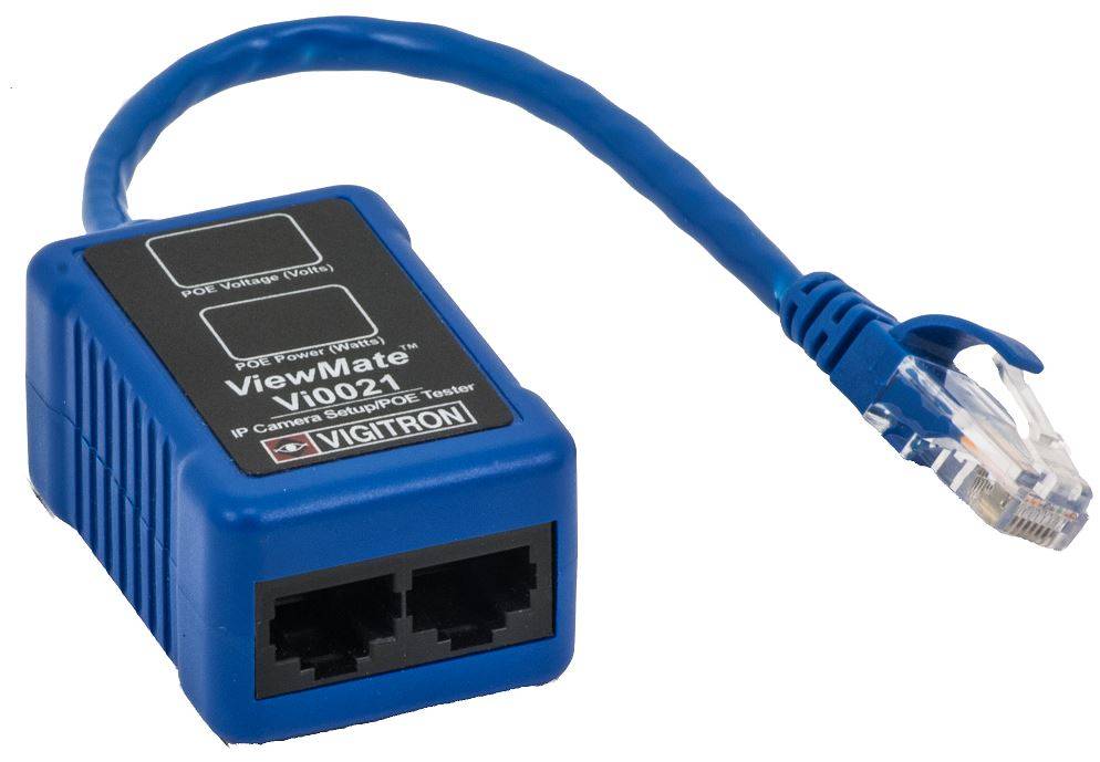 Blue Vigitron ViewMate V1002F PoE-Spannungsprüfer mit angebrachtem Ethernet-Kabel und RJ45-Stecker, dargestellt auf weißem Hintergrund.