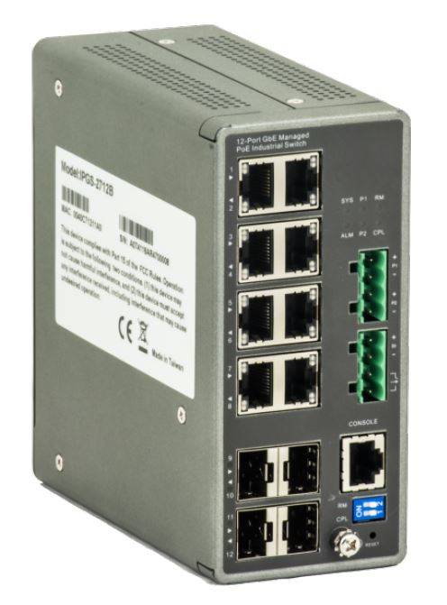 Verwalteter Industrial-PoE-Switch mit 12 Ethernet-Anschlüssen, Konsolenport und Status-LEDs in einem grauen Metallgehäuse.