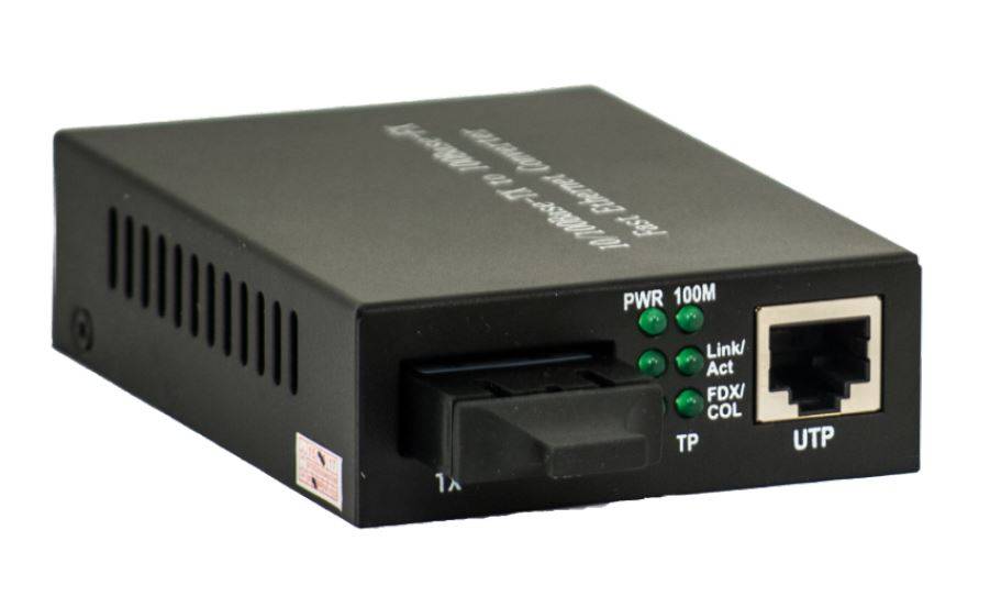 Schwarzer Ethernet-Medienkonverter mit Faserport und RJ45 UTP-Buchse, mit Statusanzeigen für Stromversorgung, Verbindung/Aktivität und Vollduplex/Kollision.